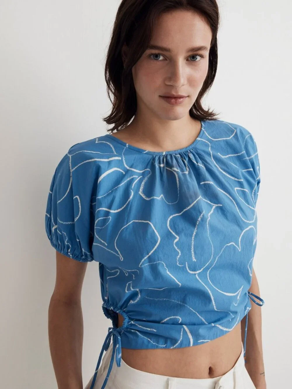 Madewell Poplin Puff-Sleeve Cutout Crop Top – Size Small